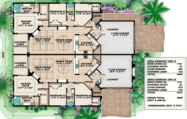Plan 66174BW: Mediterranean Multi-Family House Plan - Floor Plan - Main Level
