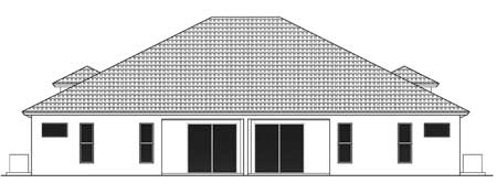 House plan front elevation drawing showing a symmetrical facade with a hipped roof, gabled dormers, and two sets of sliding glass doors.