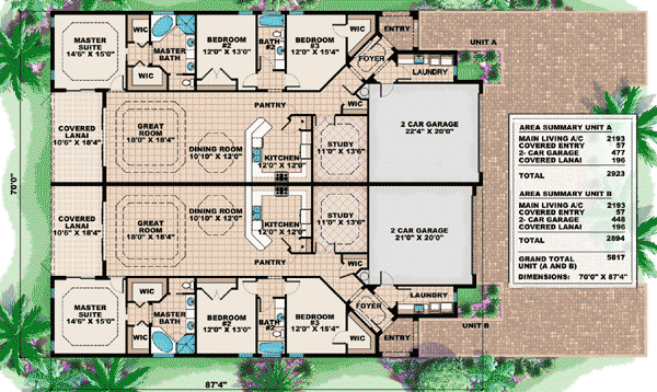 Plan 66175BW: Duplex House Plan with Mediterranean Styling - 3 Beds, 2 Baths, 2193 Sq Ft Units - Floor Plan - Main Level