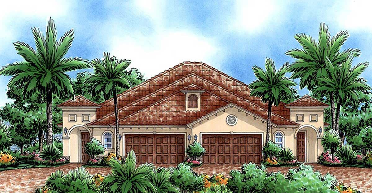 House plan exterior with a tile roof, prominent gables, a central dormer, and a three-car garage.