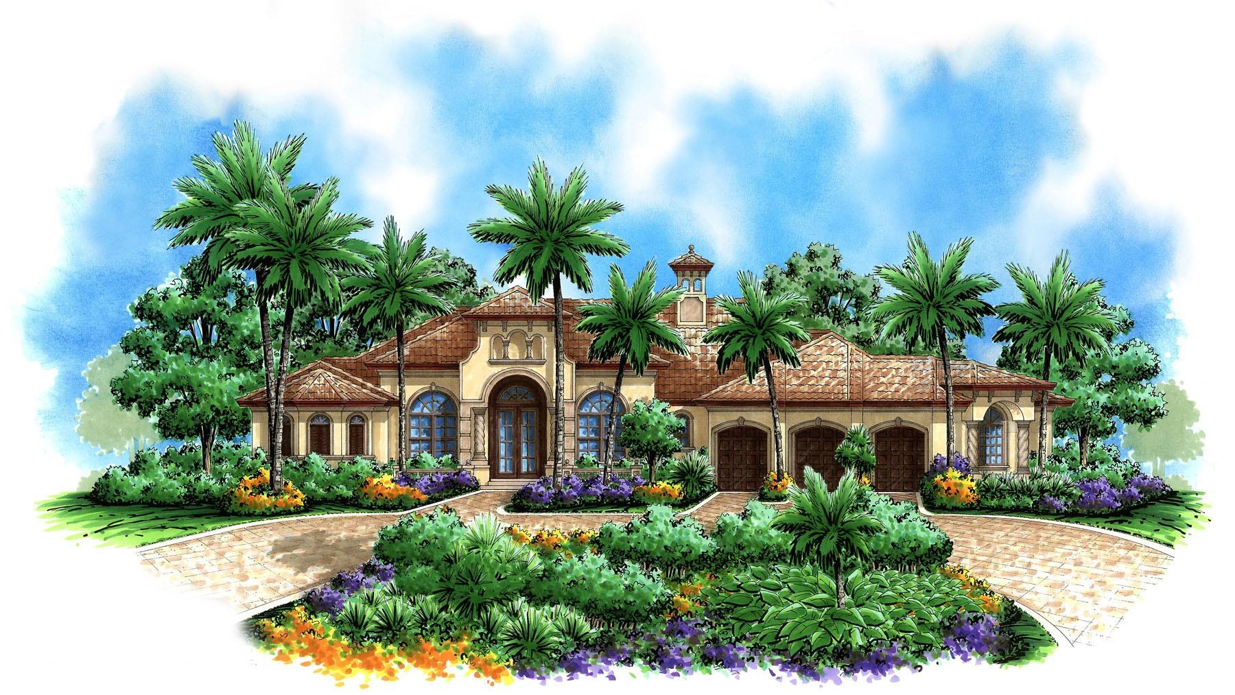 House plan exterior: One-story Mediterranean style with arched entryway, two garages, and tile roof.