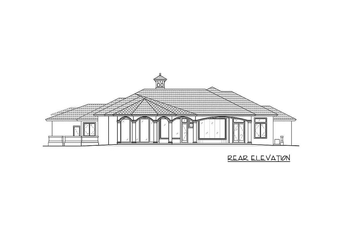 Rear elevation drawing of a single-story house plan with a hipped roof, arched windows, and a cupola.