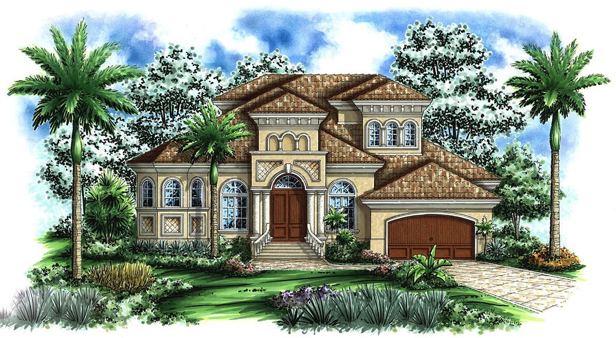 House plan exterior: Two-story Mediterranean style with arched windows, a tiled roof, central double doors, and an attached garage.