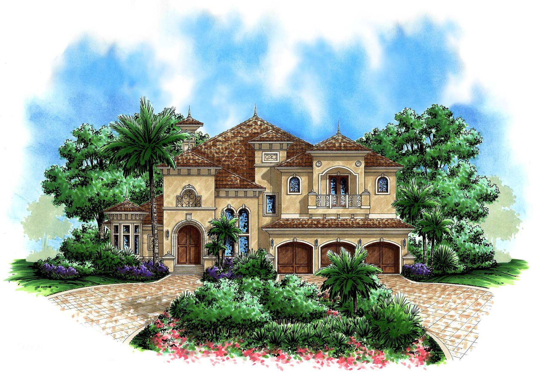 House plan exterior: Mediterranean style, two-story, arched entryway, balconies, and a triple garage.