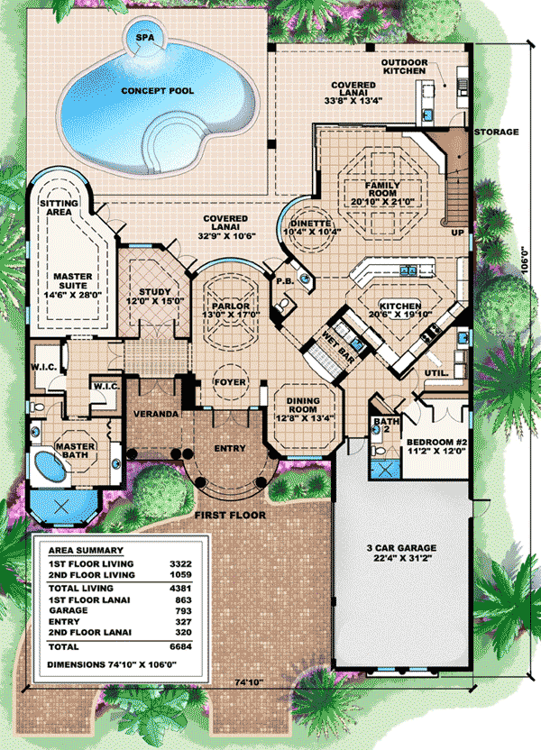 Plan 66183WE: Radial Glass Walls - Floor Plan - Main Level - Florida-Style, Mediterranean