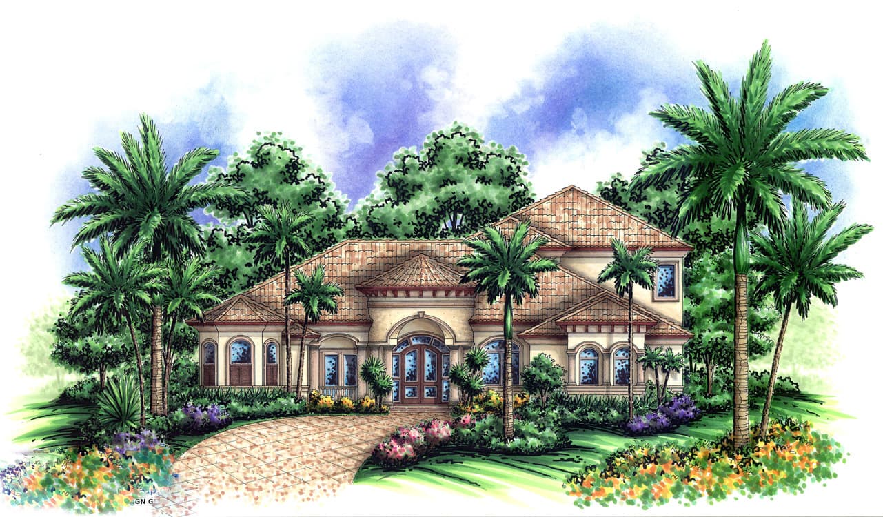 House plan exterior: Mediterranean style, one-story home with arched windows, tile roof, and prominent central entryway.