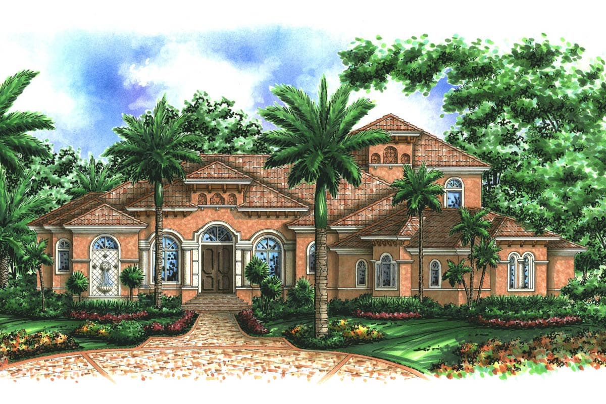 Mediterranean style house plan exterior, one story, tiled roof, arched windows, symmetrical facade, decorative fountain.