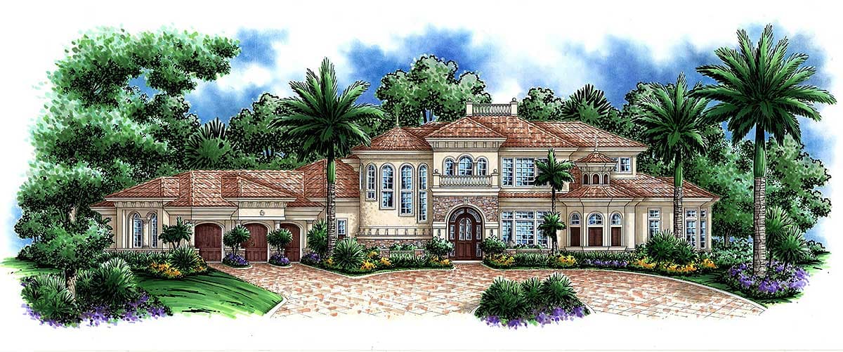 House plan exterior: Two-story Mediterranean style with tile roof, arched windows, balcony, and a three-car garage.