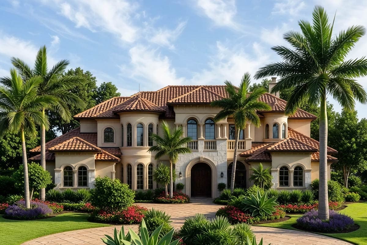 House plan exterior rendering of a Mediterranean-style villa with arched windows, tile roof, and lush landscaping.