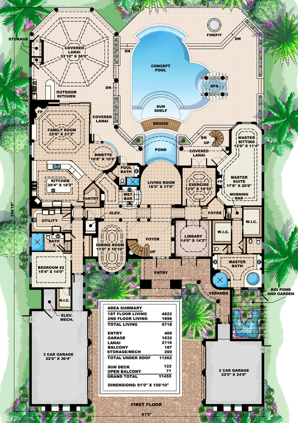 Plan 66191WE: Captivating Mediterranean Design with Second Floor Home Theater - 6718 Sq Ft - Floor Plan - Main Level - European, Mediterranean, Spanish