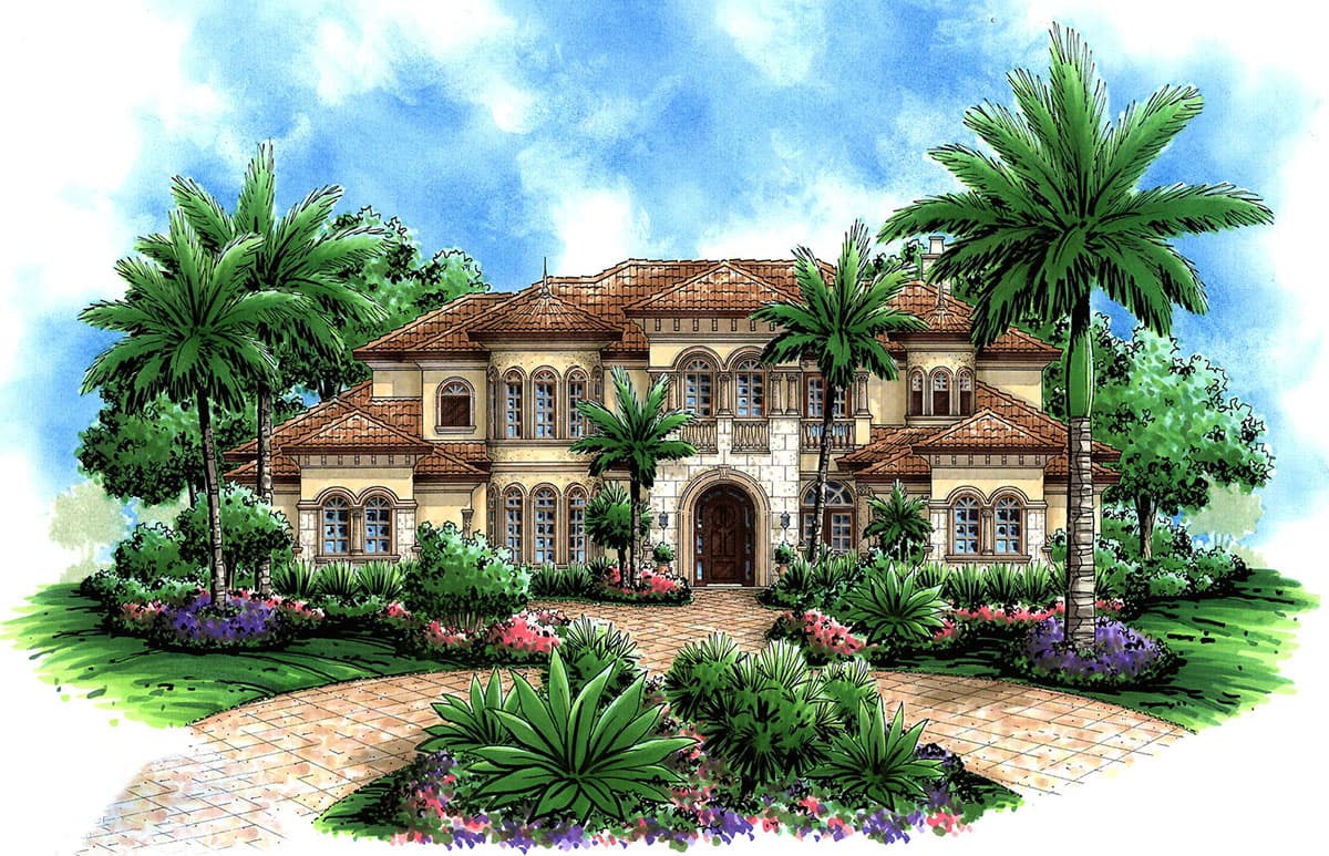 House plan exterior rendering of a Mediterranean-style villa with arched windows, tile roof, and lush landscaping.