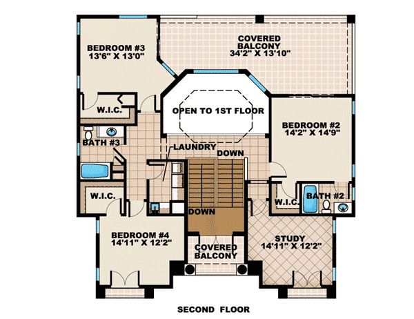 Plan 66193BW: Mediterranean Home with Drive Under Garage - Floor Plan - 2nd Floor - Mediterranean