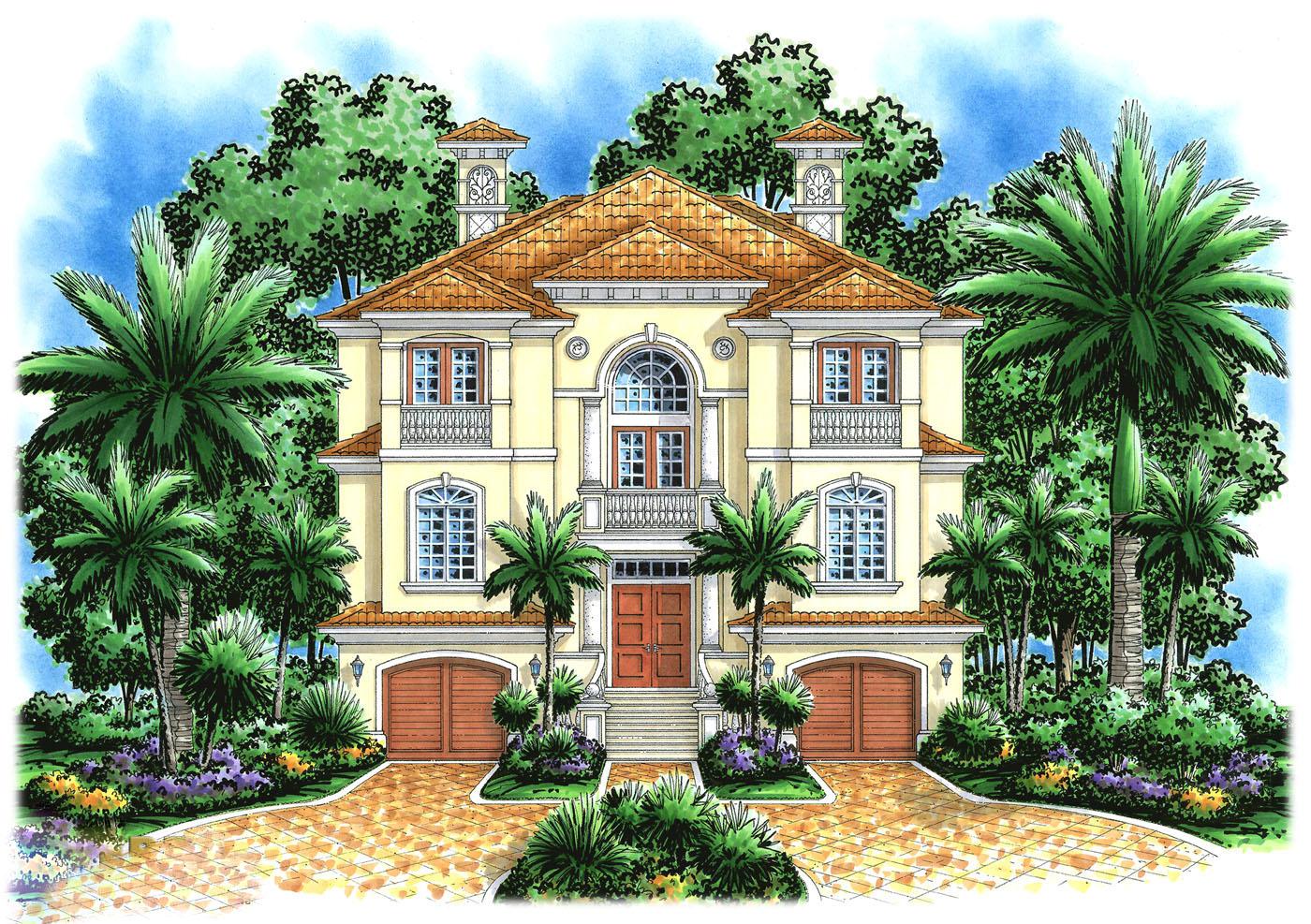 House plan exterior: Two-story Mediterranean style with arched windows, balconies, dual garages, and a tile roof.