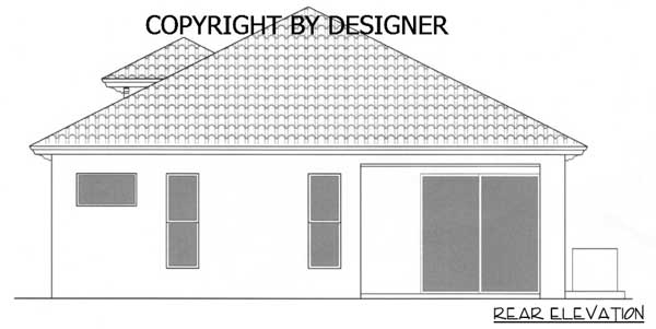 Rear elevation drawing showing a house plan with a hip roof, three windows, and a large sliding glass door.