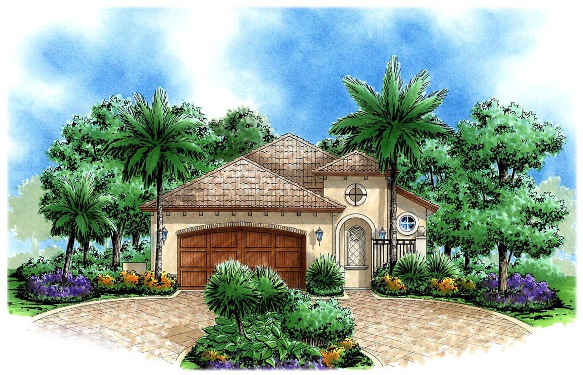 House plan exterior: Mediterranean style, single-story with a stucco finish, arched entryway, double garage doors, and a tile roof.
