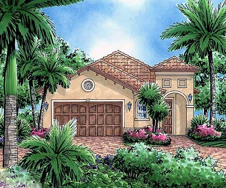 House plan exterior: single-story home with Spanish tile roof, arched entryway, and double garage door.