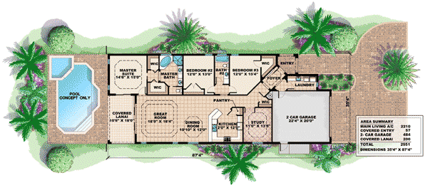 Plan 66196BW: Narrow Lot Meditteranean - Floor Plan - Main Level - Mediterranean