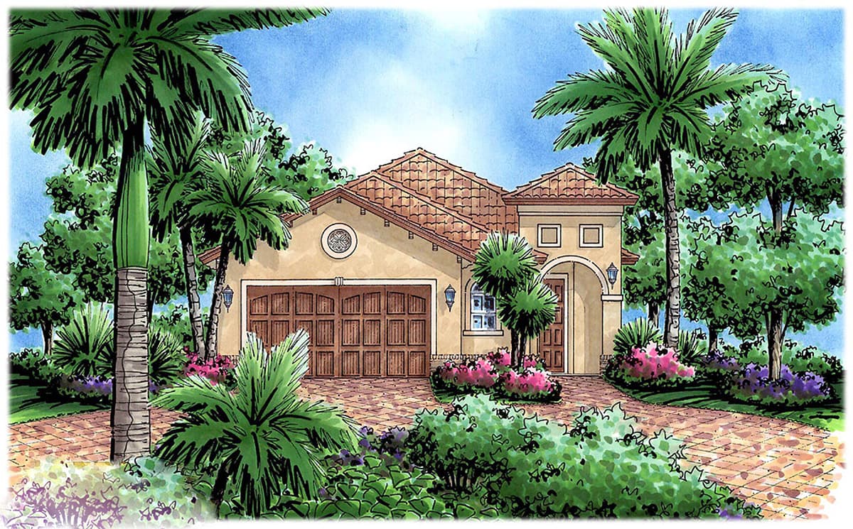 House plan exterior: Mediterranean style, one story, with a two-car garage, arched entryway, and tile roof.
