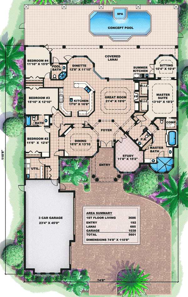 Plan 66199WE: Triple Arched Foyer - Floor Plan - Main Level - Mediterranean
