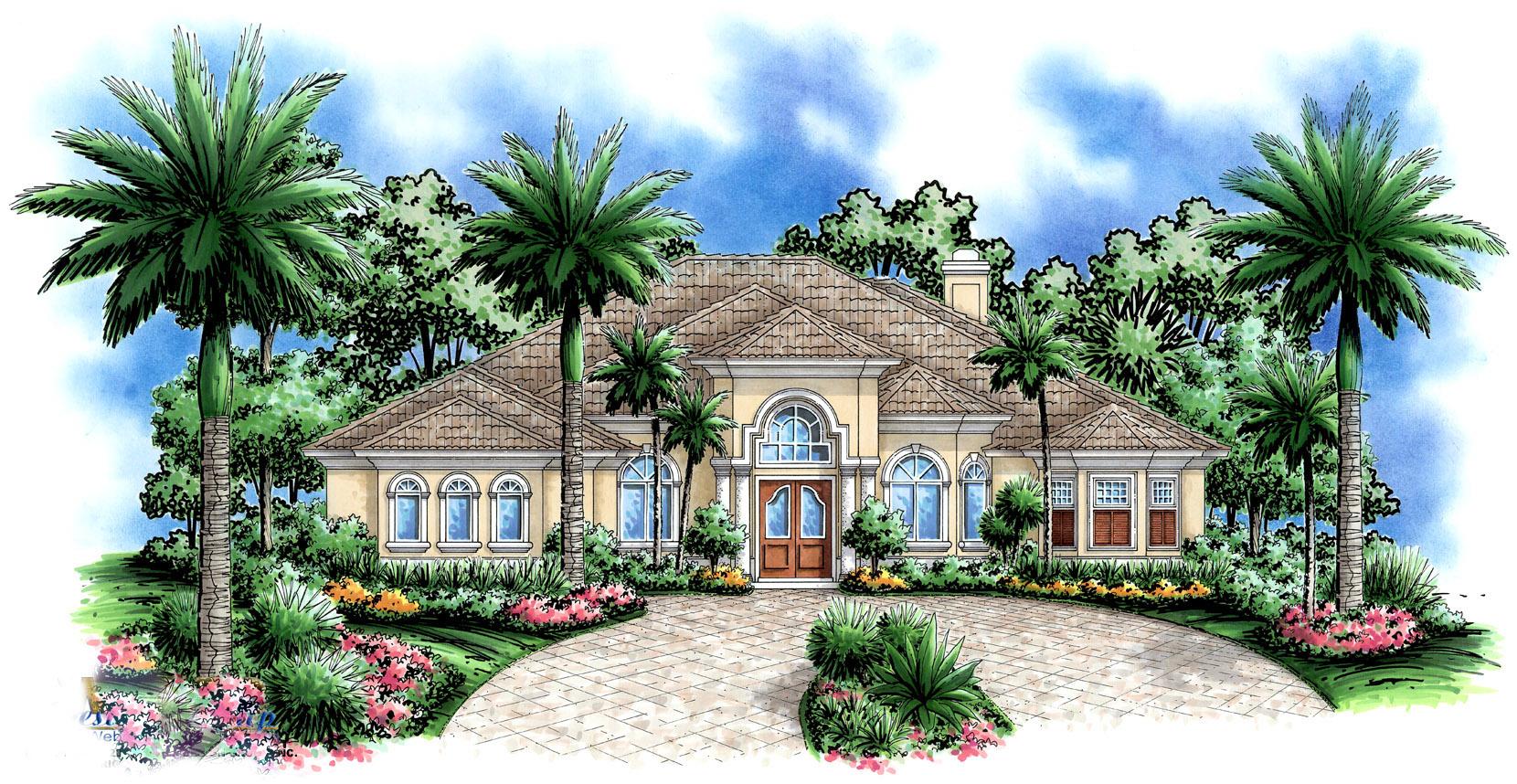 House plan exterior: One-story home with tile roof, arched windows, prominent entrance, and circular driveway.