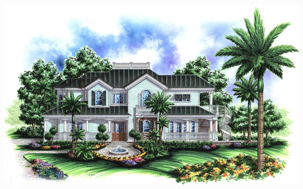 House plan exterior, two stories, wide front porch, multiple gables, arched windows, and spiral staircase.