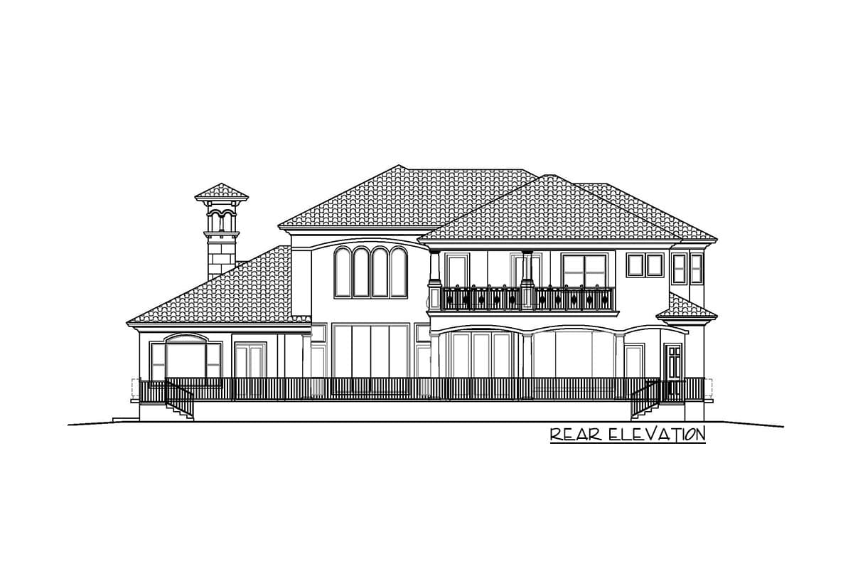 Rear elevation drawing of a two-story house plan with a balustraded upper balcony, arched windows, and a decorative chimney.