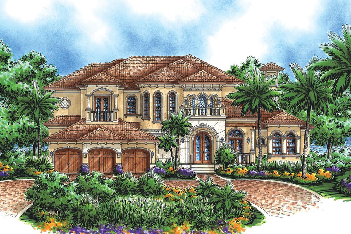 House plan exterior: Two-story Mediterranean style with tiled roof, arched windows, balconies, and a three-car garage.