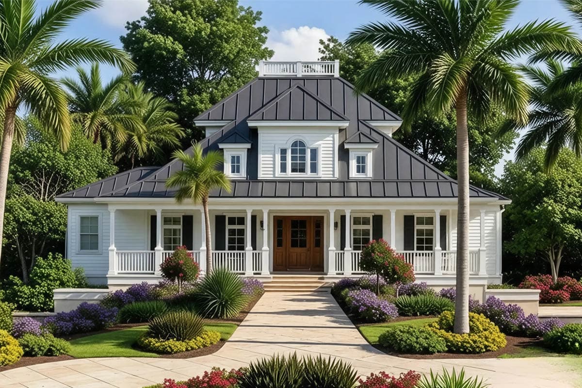 House plan exterior of a two-story home with a wraparound porch, central dormer, and gabled roof.