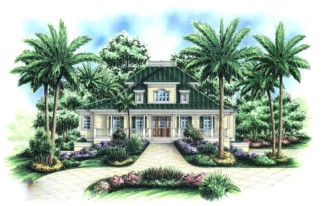 House plan exterior of a two-story home with a wraparound porch, central dormer, and gabled roof.