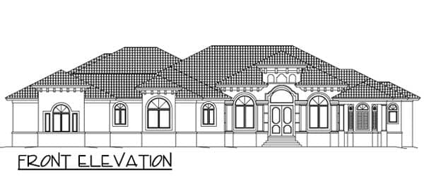 Front elevation drawing of a single-story house with a tiled hip roof, arched windows, and a prominent double-door entry.