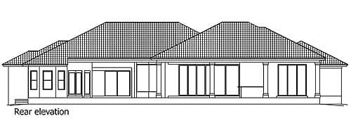 Rear elevation drawing of a single-story house with hip roofs, multiple sliding glass doors, and a covered patio.