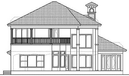 House plan exterior elevation with a second-story balcony, tiled roof, and large columned windows.