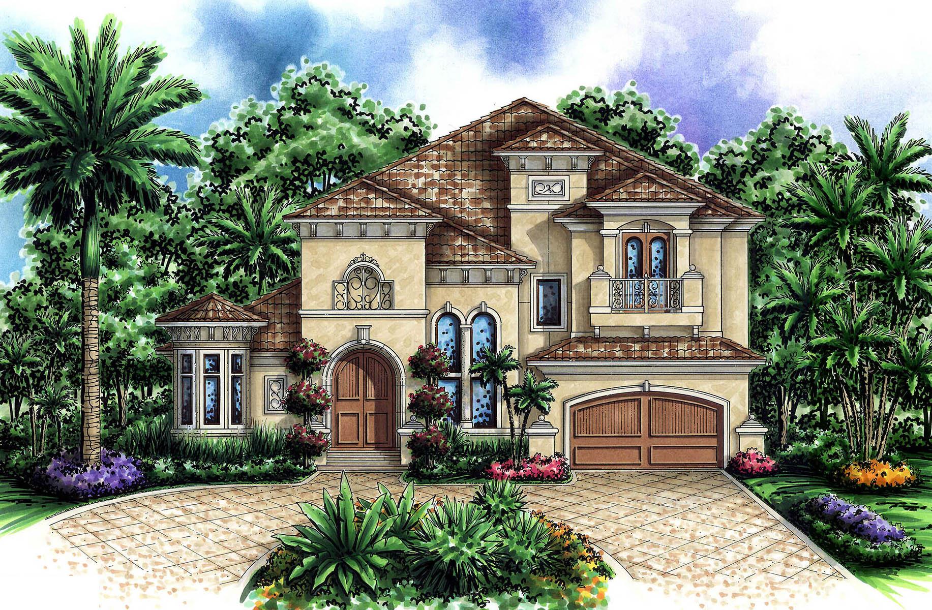 House plan exterior in Mediterranean style with two stories, barrel tile roof, arched entry, balcony, and attached garage.
