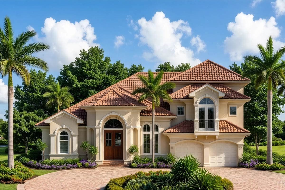 House plan exterior with Mediterranean style, two stories, arched entry, tile roof, and attached garage. Palm trees and landscaping are present.