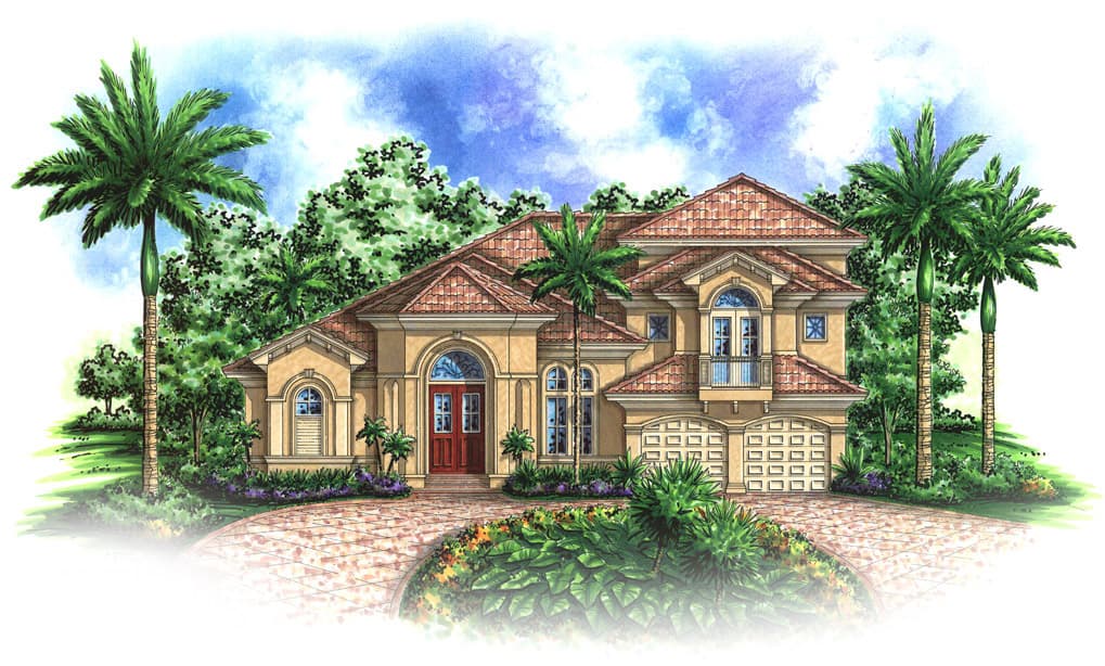 House plan exterior with Mediterranean style, two stories, arched entry, tile roof, and attached garage. Palm trees and landscaping are present.