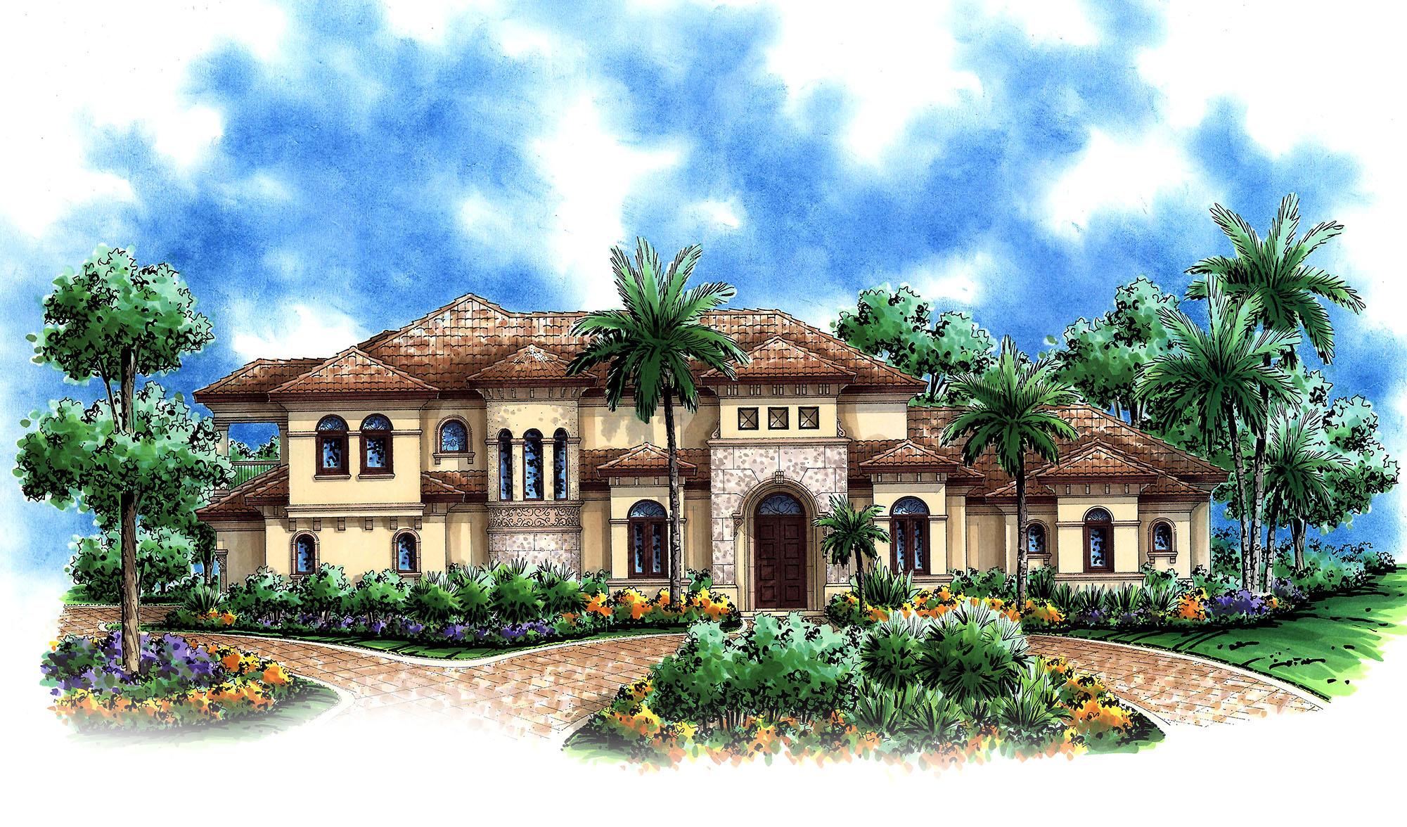 House plan exterior. Two-story Mediterranean-style home with barrel tile roof, arched entry, and symmetrical facade with multiple windows.