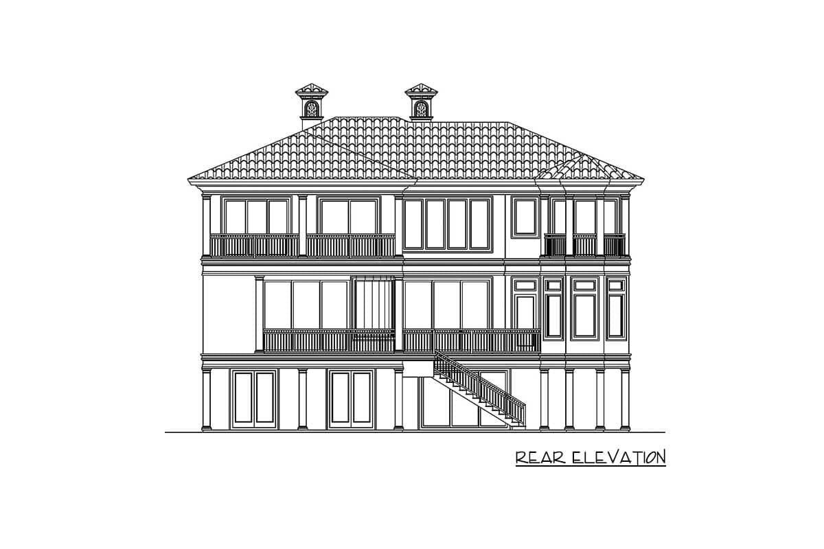 Rear elevation drawing of a three-story house plan with multiple balconies, a tiled roof, and exterior stairs.