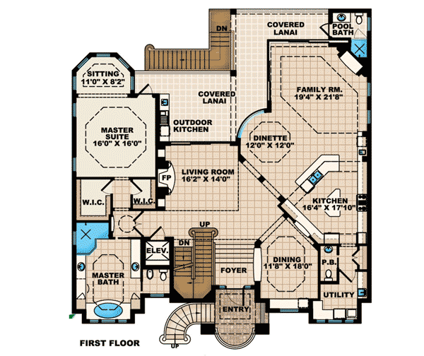 Plan 66220WE: 3-Level Coastal Mediterranean-Style House Plan - Floor Plan - Main Level - Florida-Style, Mediterranean
