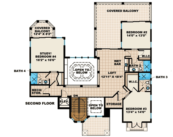 Plan 66220WE: 3-Level Coastal Mediterranean-Style House Plan - Floor Plan - 2nd Floor - Florida-Style, Mediterranean