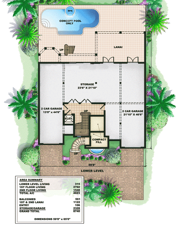 Plan 66220WE: 3-Level Coastal Mediterranean-Style House Plan - Floor Plan - Basement - Florida-Style, Mediterranean