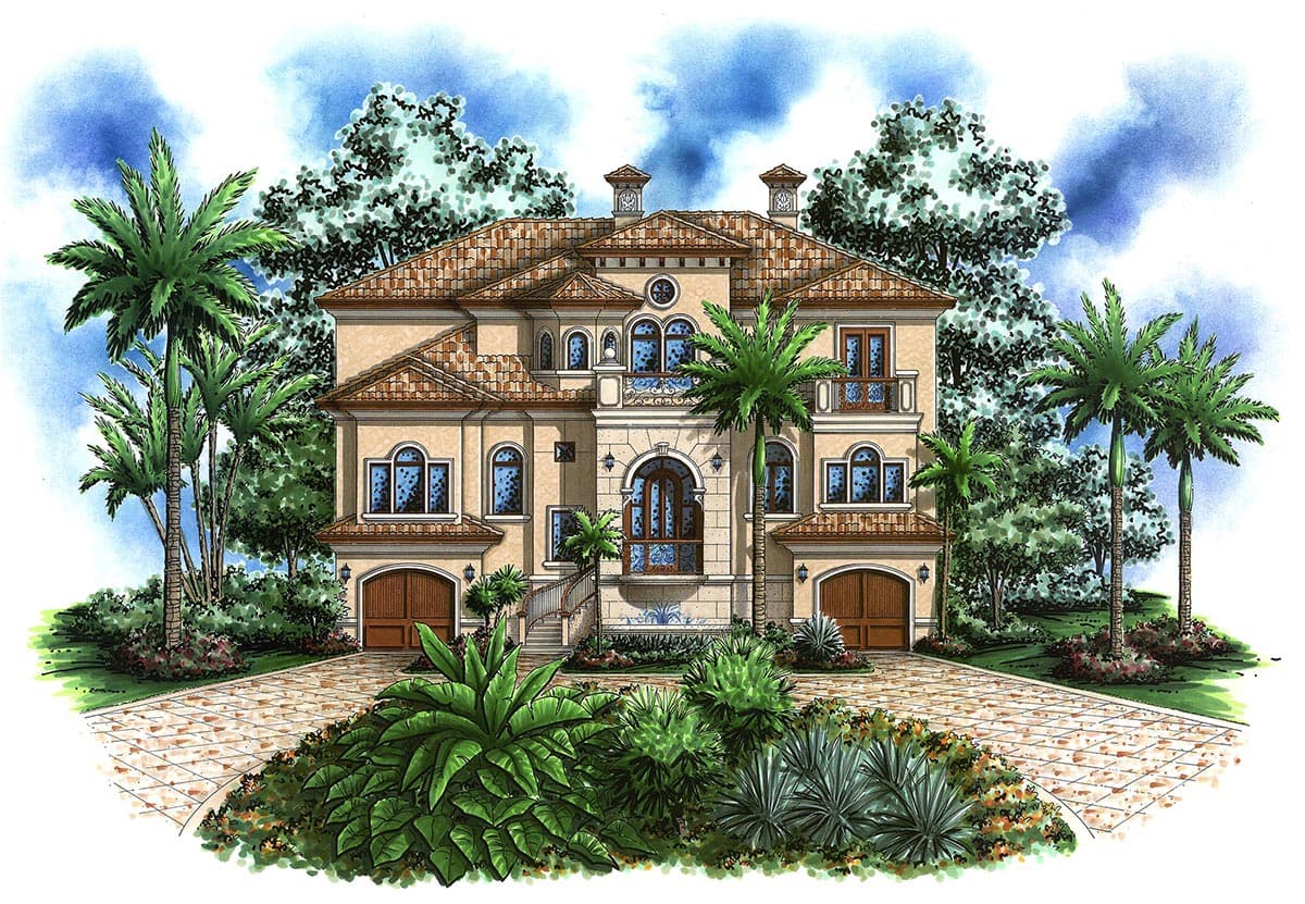 House plan exterior: Mediterranean style, three stories, arched windows, tiled roof, two garages, and central balcony.