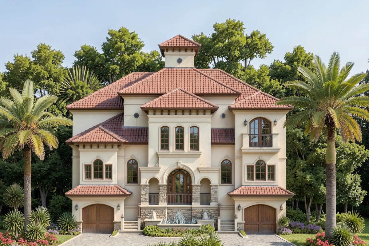 House plan exterior. Mediterranean style, two-story home with tiled roof, arched entry, and balcony. Features include a cupola and two garages.