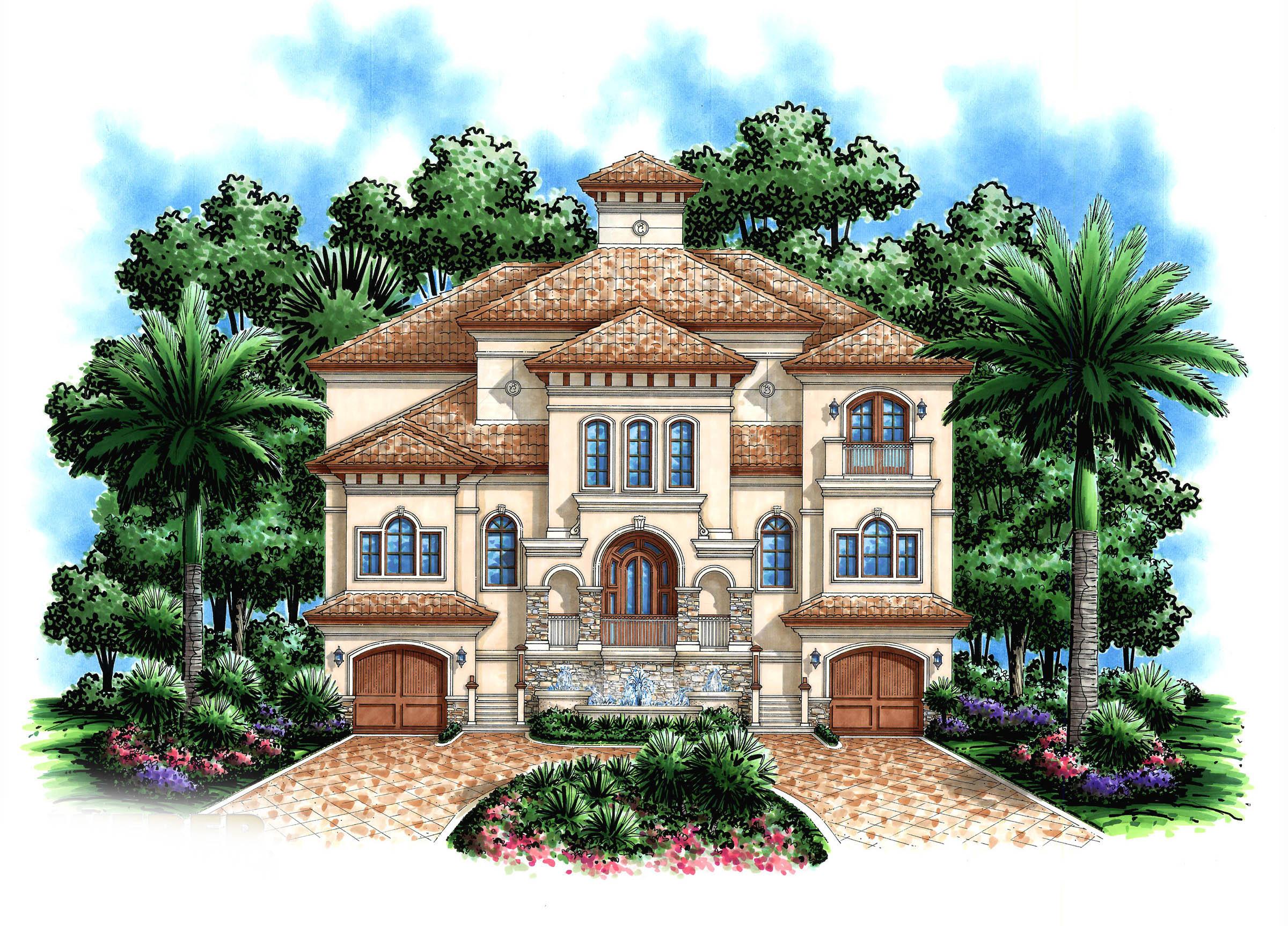 House plan exterior. Mediterranean style, two-story home with tiled roof, arched entry, and balcony. Features include a cupola and two garages.