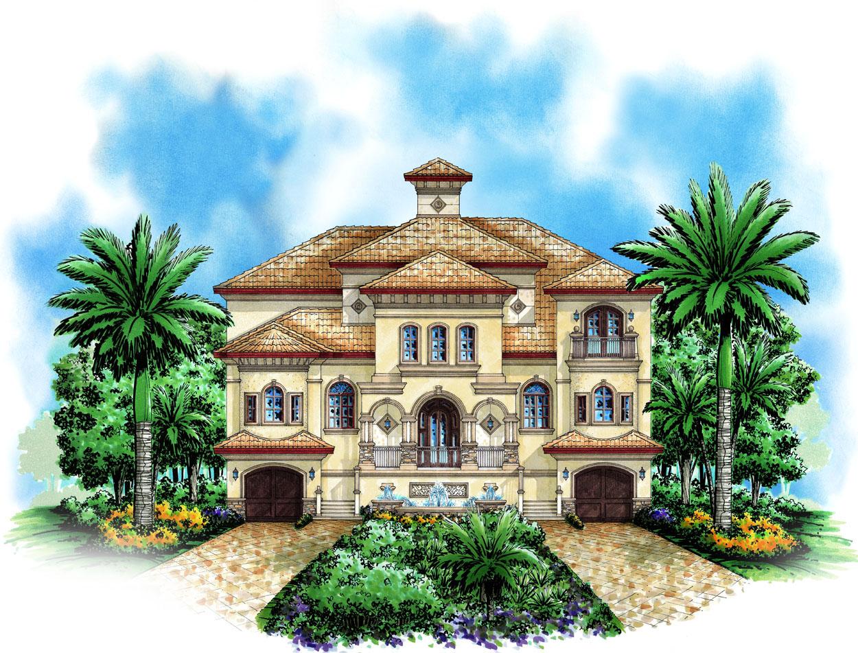 House plan exterior. Two-story Mediterranean-style home with tile roof, arched windows, balconies, and dual-door garages, framed by palm trees.