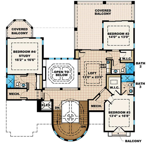 Plan 66223WE: Tuscan Influences - Floor Plan - Second Level - Florida-Style, Mediterranean