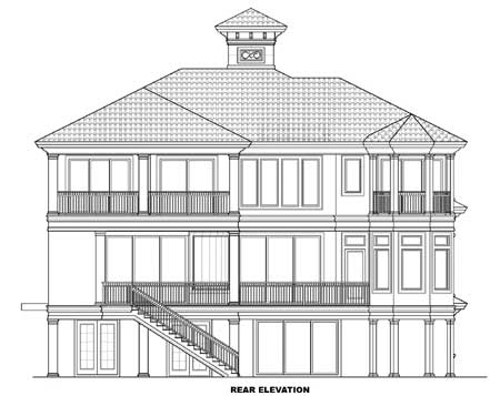 Rear elevation house plan with multiple balconies, a central cupola, tiled hip roof, and exterior staircase.