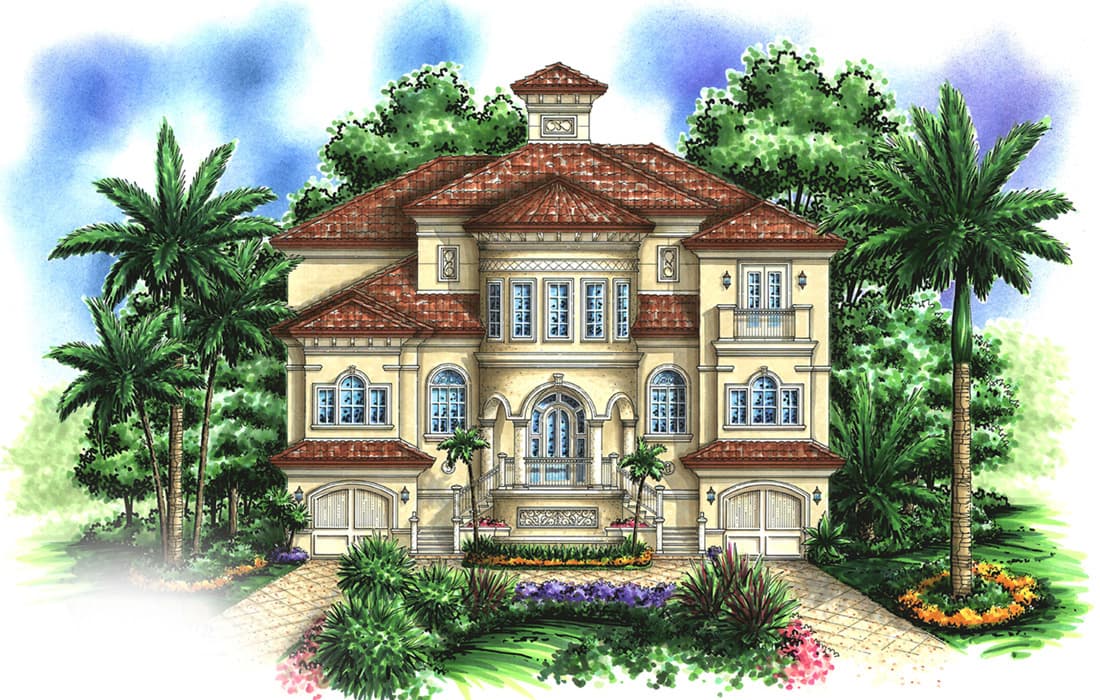 House plan exterior. Two-story Mediterranean style with a tile roof, arched windows, balconies, and garage doors.