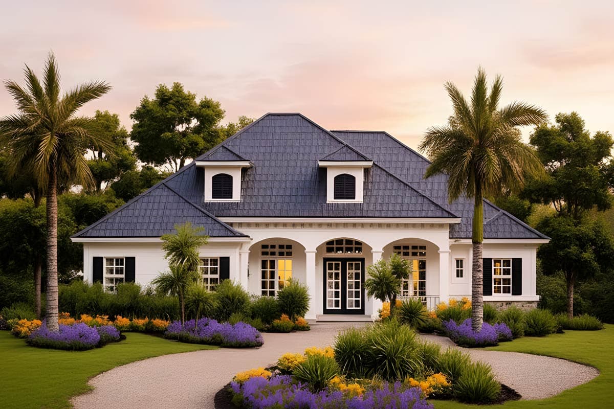 House plan exterior of a one-story home with a hipped roof, arched entryway, and two dormers.