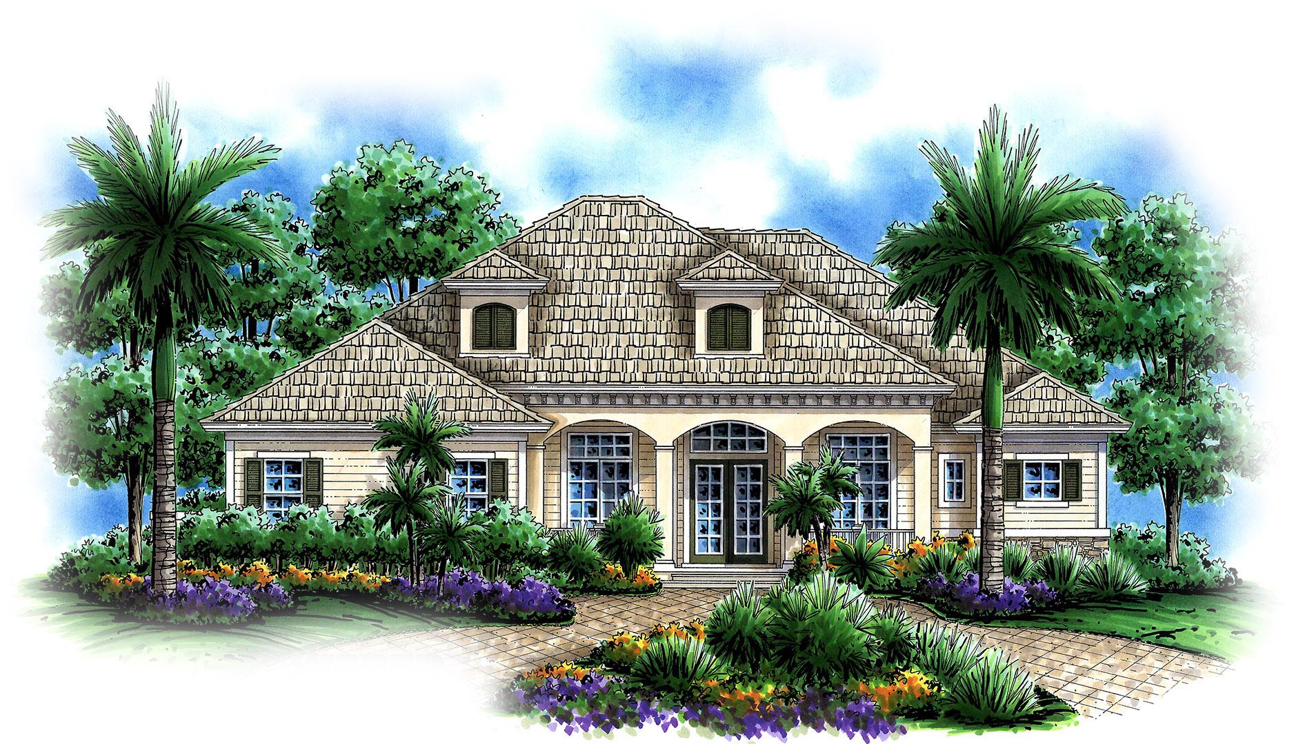 House plan exterior: Two-story home with arched entry, dormer windows, shingled roof, and substantial landscaping.