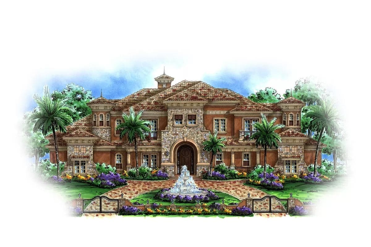 House plan exterior with Mediterranean style. Features include arched entry, multi-gabled roof, stone accents, and several balconies.